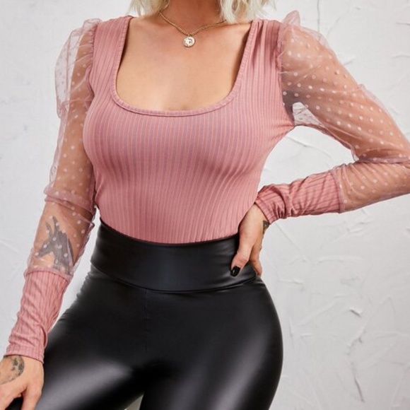 Navy Blue Polka Dot Puff Sheer Sleeve Ribbed Top - Picture 4 of 12